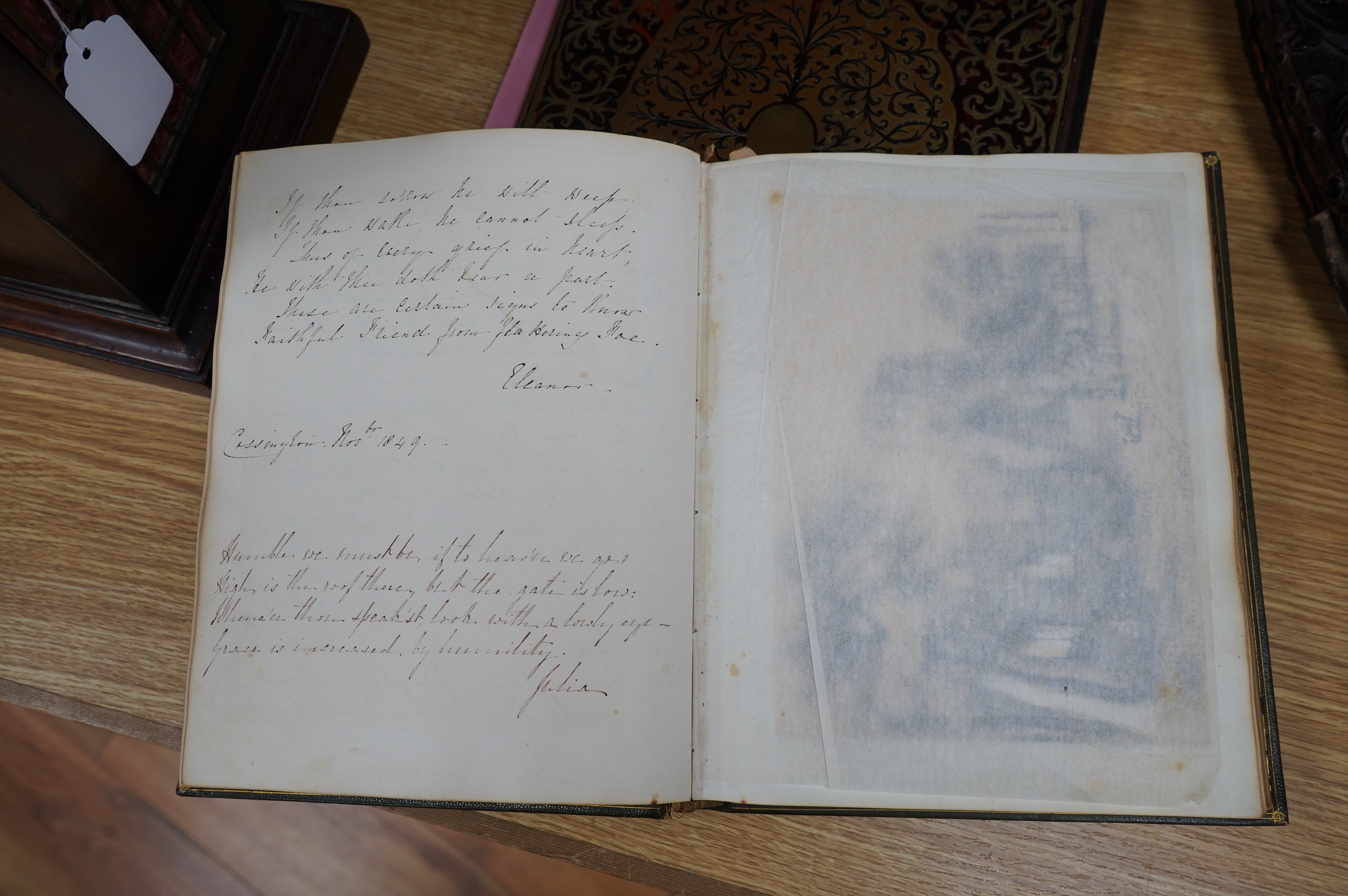 An early Victorian leather p-bound album compiled by Sophia Smith, July 1847, with verses and watercolour sketches. Condition - fair